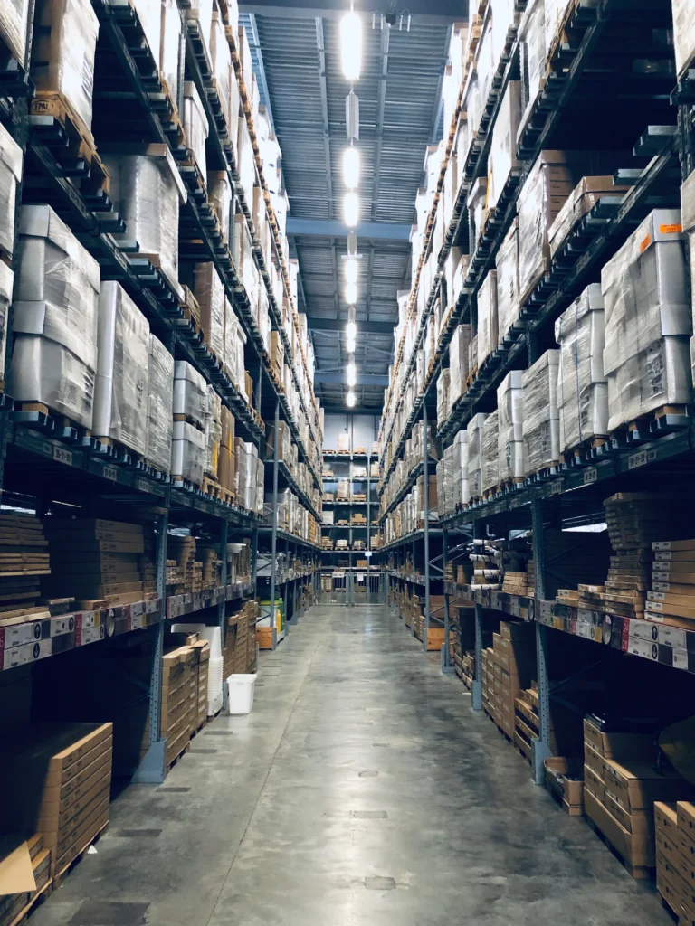 High bay warehouse aisle with organised inventory
